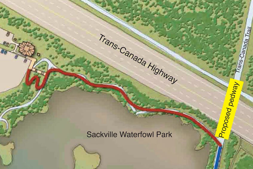Members of the Tantramar Outdoor Club are hoping to revive a planned pedway over the Trans-Canada Highway. Above, people walking along the Trans-Canada Trail adjacent to the Sackville Waterfowl Park (blue line) must take a lengthy detour up through the Waterfowl Park (red line), follow Mallard Drive to Main Street, cross the highway overpass, and then head back down along the other side of the highway to connect with the trail again.