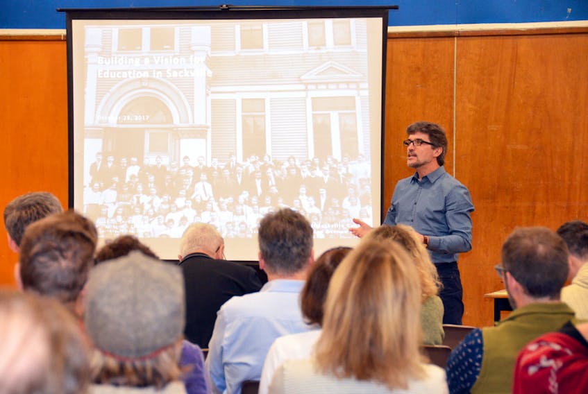 Designer/architect Greg Hasiuk speaks to those in attendance at Sunday’s community visioning session, which was hosted by the Sackville Schools 2020 committee. KATIE TOWER – SACKVILLE TRIBUNE-POST