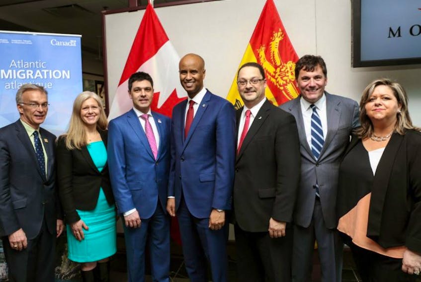 The Atlantic Immigration Pilot Project is underway in New Brunswick. From left: Charlottetown MP Sean Casey; Moncton Mayor Dawn Arnold; Acadie-Bathurst MP Serge Cormier; federal Immigration, Refugees and Citizenship Minister Ahmed Hussen; Post-Secondary Education, Training and Labour Minister Donald Arseneault; Fisheries, Oceans, and the Canadian Coast Guard Minister Dominic LeBlanc and Jodi Martell of Day and Ross.