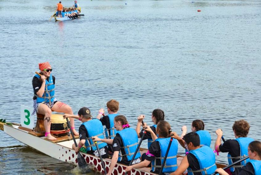 The Poseidon’s Pirates team heads heads for the starting line during the 2016 Greater Moncton Dragonboat Festival.