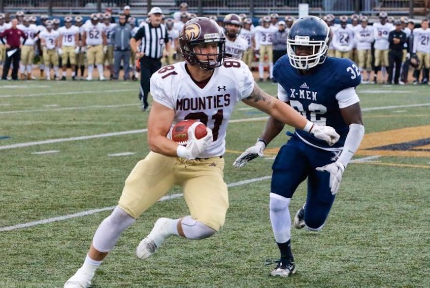 Mount Allison wide receiver Dakota Brush rushes downfield in Saturday's game against the X-Men. The Mounties lost by a single point last weekend, meaning they'll be out for revenge when they host the X-Men at Alumni field tomorrow at 2 p.m.