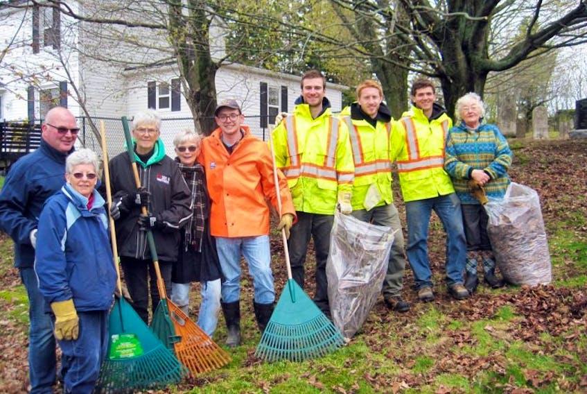 Sackville hosted its first annual Operation Beautification Day last Wednesday, which saw community groups, businesses and individuals spend some time outside while helping to clean up the community’s streets and parks. Above, some of the volunteers who were working at the Methodist Burying Ground are shown with summer staff from Sackville’s public works department, who came to pick up bags of leaves.