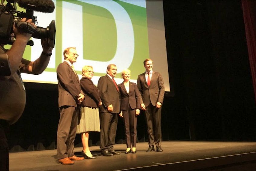 TD will open a new business services centre in Moncton in 2019, which will create up to 575 full-time jobs over a six-year period. From left: Jean Paul Robicheau, vice-president of investment attraction at Opportunities NB; Economic Development Minister Francine Landry, who is also minister responsible for Opportunities NB; Frank McKenna, deputy chair of TD; Colleen Johnston, group head responsible for Direct Channels at TD; and Premier Brian Gallant.