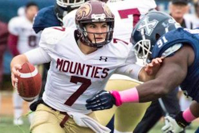 ['Rookie Mount Allison football Mountie quarterback Jakob Loucks was named both the top rookie in the Atlantic Conference and nationally as the most outstanding first year performer in Canadian college football.']