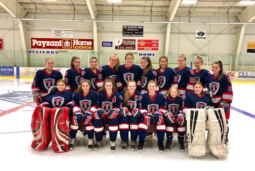The Tantramar Regional High School lady hockey Titans will host seven visiting teams this weekend for the 2019 edition of Titan Your Skates. Games are scheduled Friday through Sunday at the Tantramar Veterans’ Memorial Civic Centre. Pictured are the 2019-2020 Titans. Back row, left to right, are Bethany Estabrooks, Sophie Estabrooks, Erin Carr, Lauren Gautreau, Abbey Morice, Sarah Lowerison, Carys Trenholm, Emmy Parsons, Miriam Hicks, Hannah O’Neal. Front row (left to right): Mya Reid, Alexa Estabrooks, Emma Vogels, Alyssa Landry, Emma Lloyd, Ava Carson, Ava Allen.