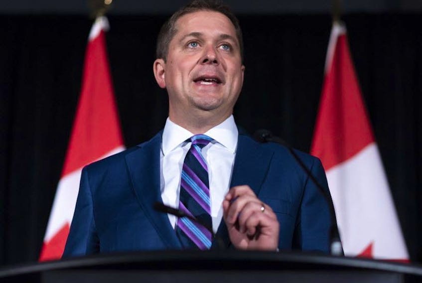 Conservative Leader Andrew Scheer speaks at a news conference at Hotel Saskatchewan in Regina, Sask., on Aug. 14, 2019.