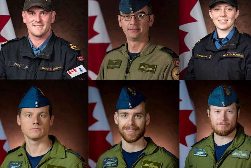 The crew of a C-148 Cyclone helicopter, attached to Royal Canadian Navy frigate HMCS Fredricton, which crashed near Greece are seen in a combination of file photos released April 30, 2020. From top left to right: Sub-Lt.  Matthew Pyke, Master Cpl. Matthew Cousins,  Sub-Lt. Abbigail Cowbrough. From bottom left to right:  Capt. Kevin Hagen,  Capt. Maxime Miron-Morin and Capt. Brenden Ian MacDonald.