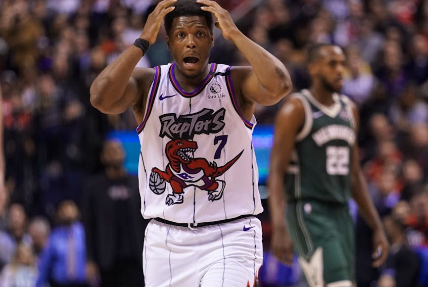 Toronto Raptors guard Kyle Lowry  reacts to a call.