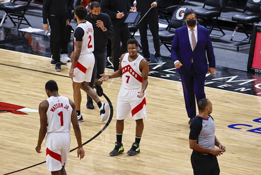 Toronto Raptors guard Kyle Lowry (7) reacts after receiving second technical foul and being ejected from Sunday's game against Chicago.
