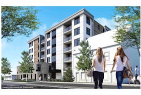This is an artist concept drawing showing the proposed 84-unit apartment building on Prince Street in Charlottetown. It would be located in the existing Polyclinic parking lot. The building pictured on the left is the Charlottetown Beer Garden.
