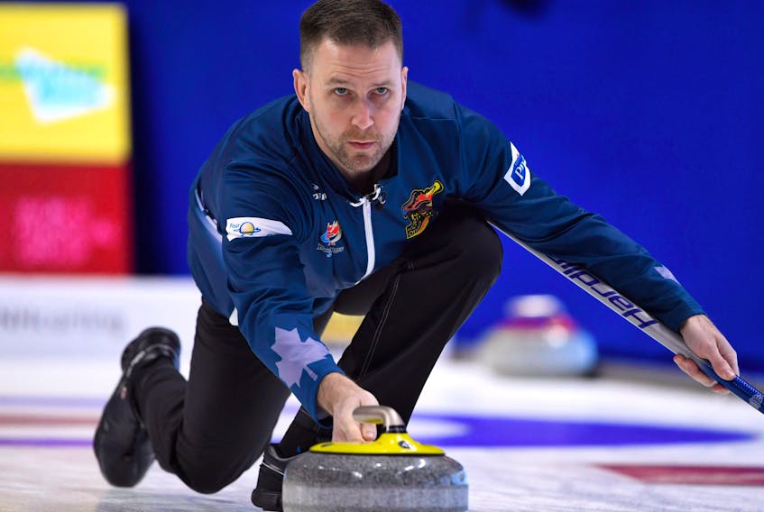 Brad Gushue delivers a rock during his first game against John Epping at the 2017 Roar of the Rings Canadian Olympic Curling Trials Saturday night in Ottawa.