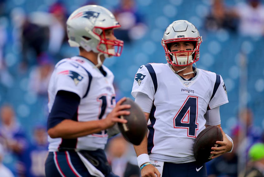 Jarrett Stidham is currently the top QB on the New England Patriots' roster. (GETTY IMAGES)