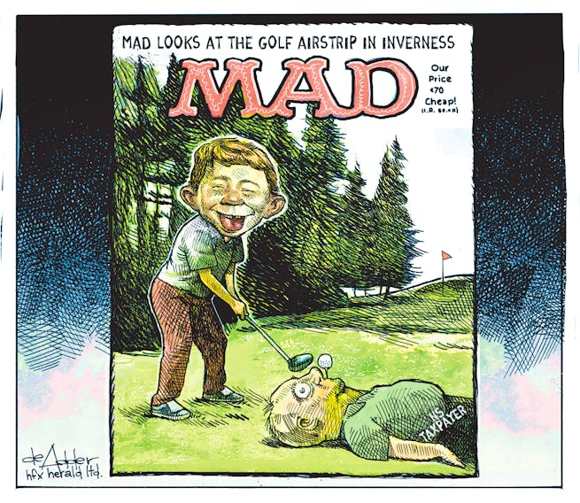 Cartoonist Michael de Adder's take on the proposed golf airstrip in Inverness (July 8, 2019).