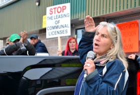 Ruth Inniss, Nova Scotia coordinator for the Maritime Fishermen’s Union (MFU), addresses the crowd at a rally in Barrington Passage on Monday morning.