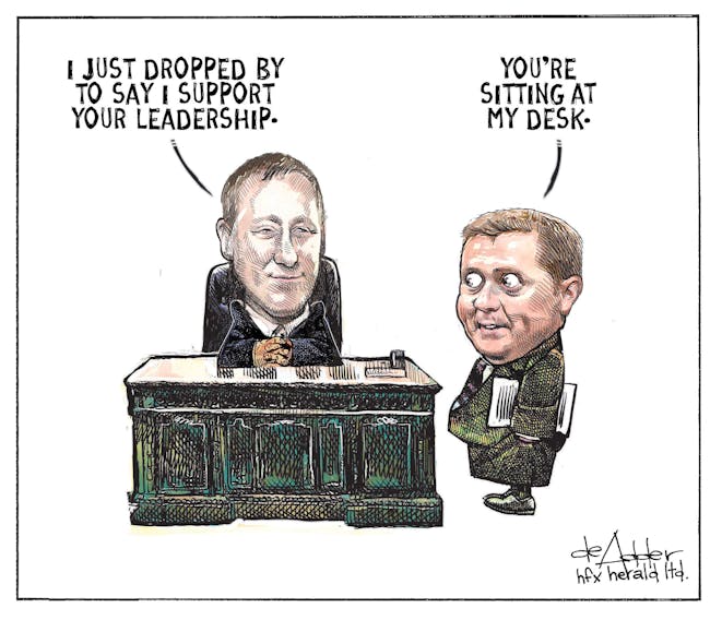 Michael de Adder cartoon for Tuesday, Oct. 29, 2019. Peter MacKay sitting at Andrew Scheer's desk saying he supports him as leader of Conservative party.