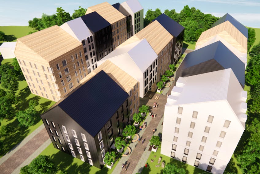 An architectural rendering shows the three apartment buildings that would house 200 residences marketed towards mature students. -COMPUTER SCREENSHOT