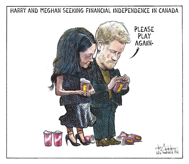 Michael de Adder cartoon for Jan. 14, 2020. Meghan and Harry's move to Canada. Tim Hortons.