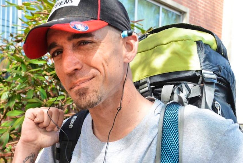 Jason McComb, 37, of St. Thomas, Ont. is drawing on his own personal experience as a homeless person in encouraging people during a cross-Canada trek to give a meaningful hand up to people struggling in life.