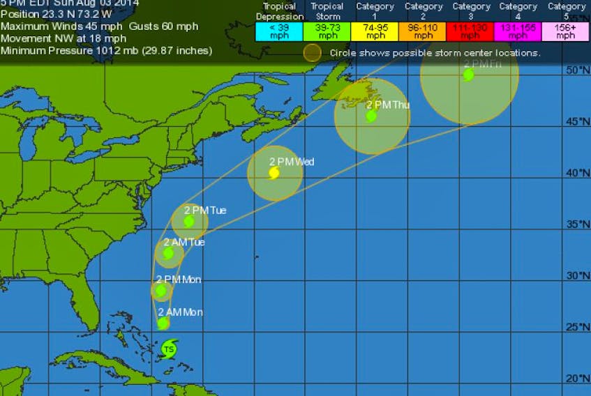 Weather Underground tracking map of tropical storm Bertha, which is set to bring wind and rain to the region Wednesday and Thursday.
