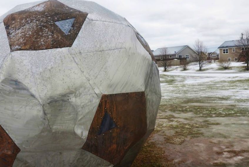 A giant soccer ball in Kinlock Park in Stratford has been turning heads since it was installed late last year. It is part of the town’s public art program.