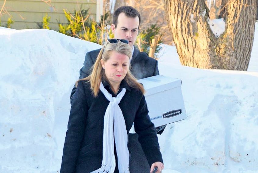 <p>Mary Lynn Kane and Andrew Coady, lawyers representing provincial government employees, enter the Summerside courthouse Monday for the inquest into the deaths of Nash Campbell and Patricia ‘Trish’ Hennessey.</p>