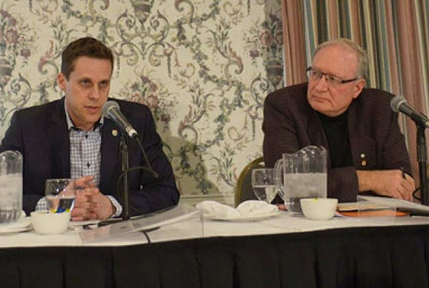 <span>PC Leader Rob Lantz, left, and Premier Wade MacLauchlan, Liberal leader, participated in a debate hosted by the P.E.I Home and School Federation Saturday, April 11, 2015.<span class="Apple-converted-space"> <br /></span></span>