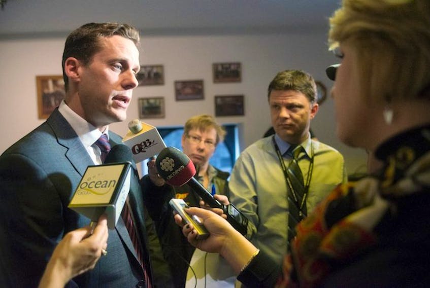 Rob Lantz, the leader of the P.E.I. Progressive Conservative party, speaks to reporters durig news conference Monday where he said he plans to remain as leader despite the fact he did win a seat in the provincial election.