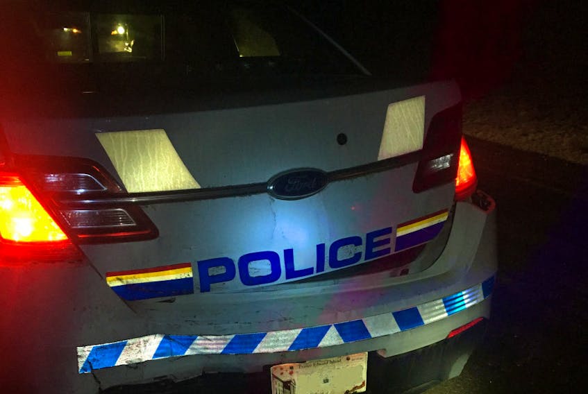 An RCMP cruiser sustained damage after it was struck by another vehicle while parked at a collision scene in Stratford early in the morning Dec. 20.