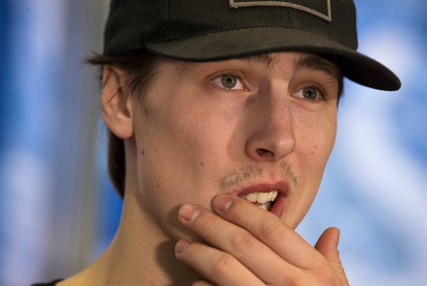 Ryan Nugent-Hopkins speaks to the media at Rogers Place following the conclusion of the Edmonton Oilers' 2017-18 NHL season, in this file photo from April 8, 2018.