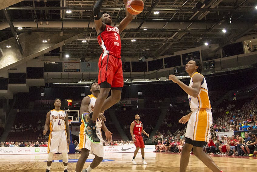 RJ Barrett throws down a dunk while playing for Canada in 2018. Barrett has donated $100,000 to the Mississauga Food Bank.
