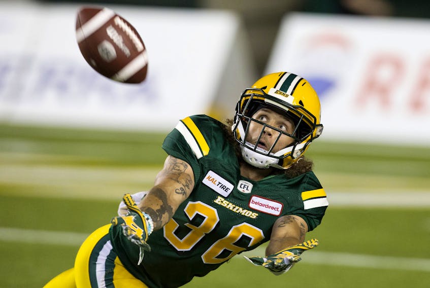 Edmonton Football Team defensive halfback Aaron Grymes (36) tracks the ball against the Saskatchewan Roughriders at Commonwealth Stadium in this file photo from Aug. 2, 2018.