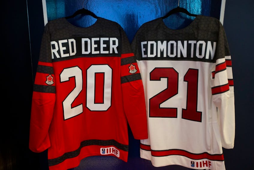 Team Canada jerseys hang in the Edmonton Oilers Hall-of-Fame room at Rogers Place during a press conference to announce that the 2021 IIHF world junior championships in Edmonton and Red Deer, in this file photo from Dec. 6, 2018.