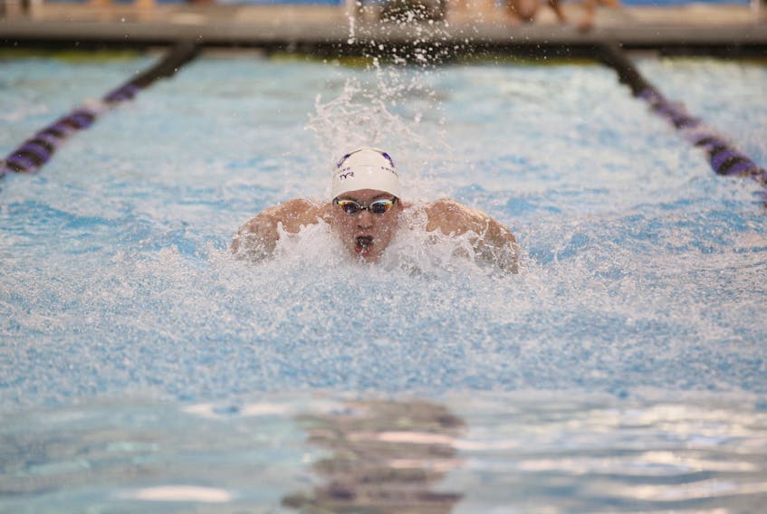Noah Cumby of St. John's, shown here swimming for Texas Christian University at an NCAA meet last season, won a silver medal at the Canadian swimming championship in Winnipeg Sunday. — Ray Carlin photo