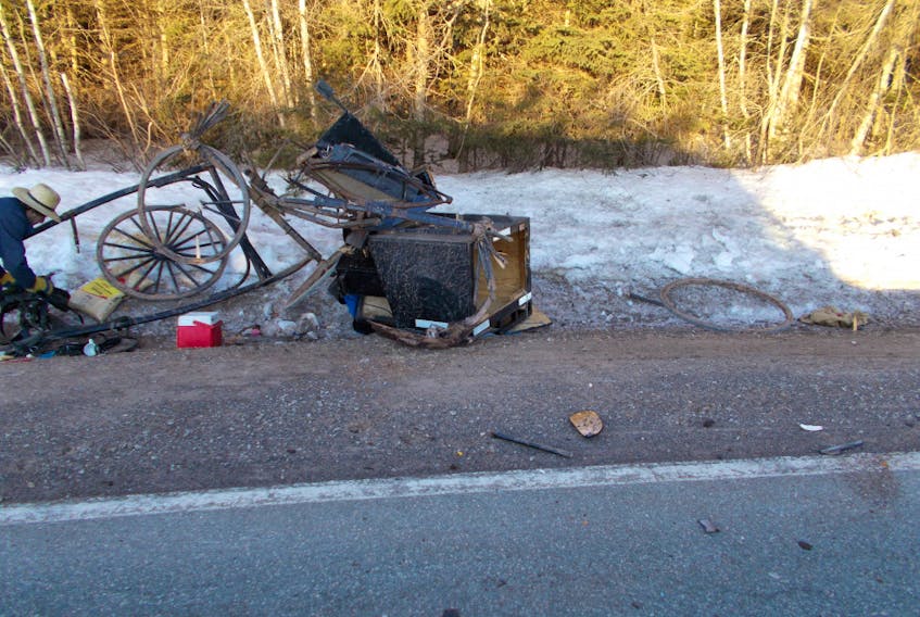 This horse-drawn carriage was extensively damaged following a collision Wednesday morning in Eastern P.E.I. The horse was treated by a local vet who attended scene. The horse sustained moderate injuries.  Police are reminding Island drivers to be aware of horse-drawn buggies on the road.