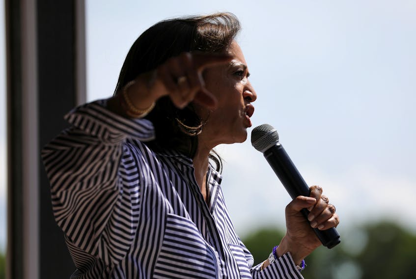 U.S. Democratic presidential candidate and U.S. Senator Kamala Harris (D-CA) speaks during a Fourth of July House Party in Indianola, Iowa