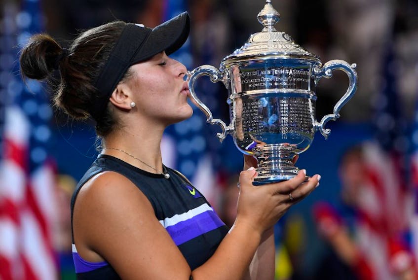 Bianca Andreescu of Canada with the US Open championship trophy after beating Serena Williams of the USA in the women’s singles final on day 13 of the 2019 U.S. Open tennis tournament at USTA Billie Jean King National Tennis Center.