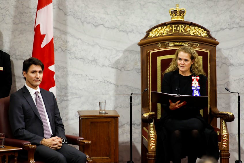 Canada's Governor General Julie Payette delivers the Throne Speech next to Prime Minister Justin Trudeau in the Senate, as parliament prepares to resume for the first time after the election in Ottawa, Ontario, Canada December 5, 2019. REUTERS/Blair Gable
