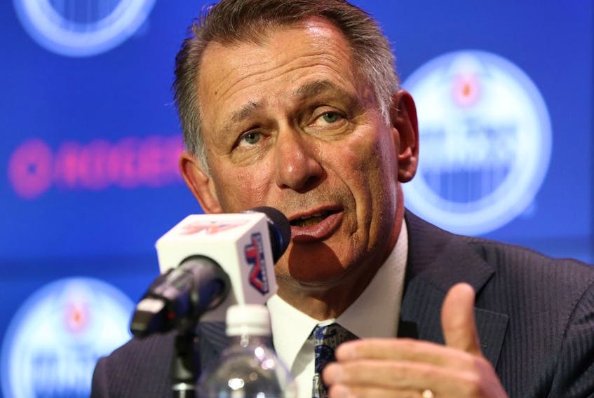 Ken Holland, the new general manager of the Edmonton Oilers, speaks during a press conference at Rogers Place in Edmonton, on Tuesday, May 7, 2019. Photo by Ian Kucerak/Postmedia