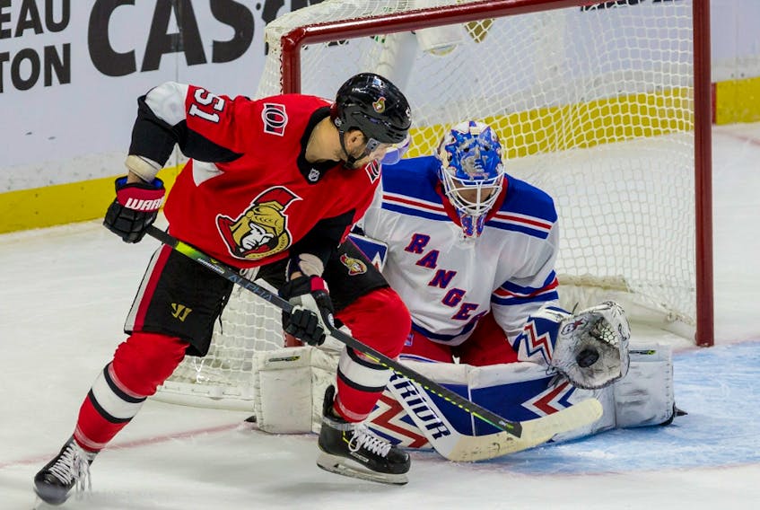Ottawa Senators Artem Anisimov is stopped by New York Rangers goaltender Alexander Georgiev at the Canadian Tire Centre in Ottawa on Oct. 5, 2019.