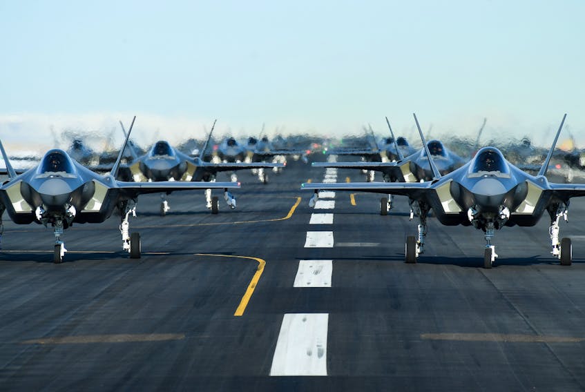 U.S. Air Force F-35A aircraft, from the 388th and 428th Fighter Wings, form up in an "elephant walk" during an exercise at Hill Air Force Base, Utah, U.S. January 6, 2020. - Picture taken January 6, 2020. U.S. Air Force/R. Nial Bradshaw/Handout via REUTERS.