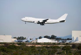 An aircraft, chartered by the U.S. State Department to evacuate Americans from the novel coronavirus outbreak in the Chinese city of Wuhan, arrives at Marine Corps Air Station Miramar in San Diego, California, U.S., February 5, 2020.