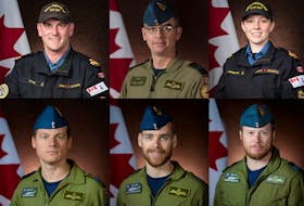 The crew on board the C-148 Cyclone helicopter, attached HMCS Fredericton, which crashed in the Mediterranean Sea. Top row: Sub Lt. Matthew Pyke, Master Cpl. Matthew Cousins, Sub Lt. Abbigail Cowbrough. Bottom row:  Capt. Kevin Hagen, Capt. Maxime Miron-Morin and Capt. Brenden Ian MacDonald. - Royal Canadian Navy