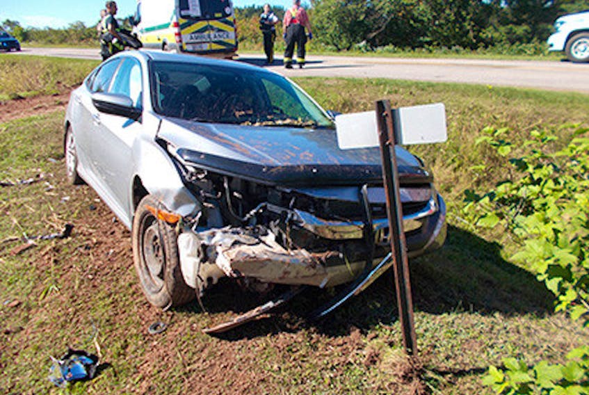 A 29-year-old Kings County woman was taken to hospital with injuries following a single vehicle collision on Saturday morning.