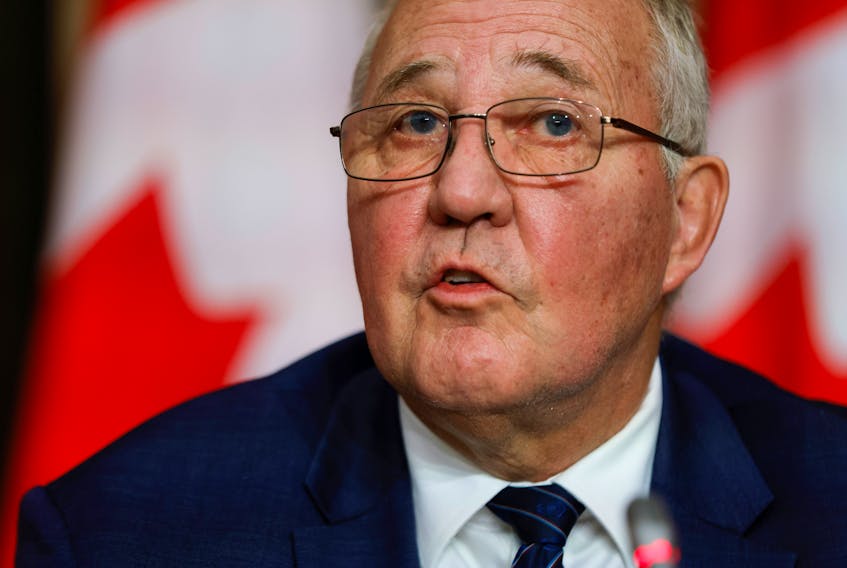 Federal Public Safety Minister Bill Blair takes part in a news conference about the dispute between commercial and Mi'kmaw lobster fishers in Nova Scotia, on Parliament Hill in Ottawa on Monday, Oct. 19, 2020.