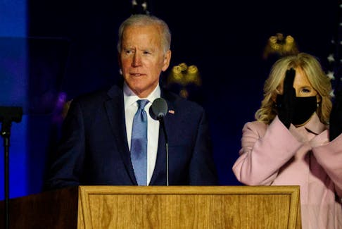 U.S. Democratic presidential nominee Joe Biden, accompanied by his wife Jill, delivers remarks after early results from the 2020 U.S. presidential election in Wilmington, Delaware, Nov. 4, 2020.