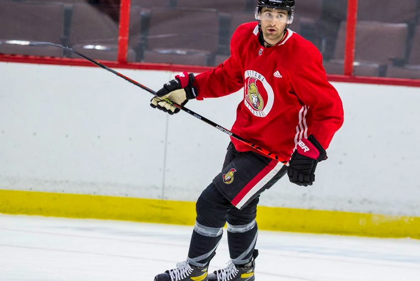 Ottawa Senators center Colin White during team practice at the Canadian Tire Centre on Monday. March 2, 2020.