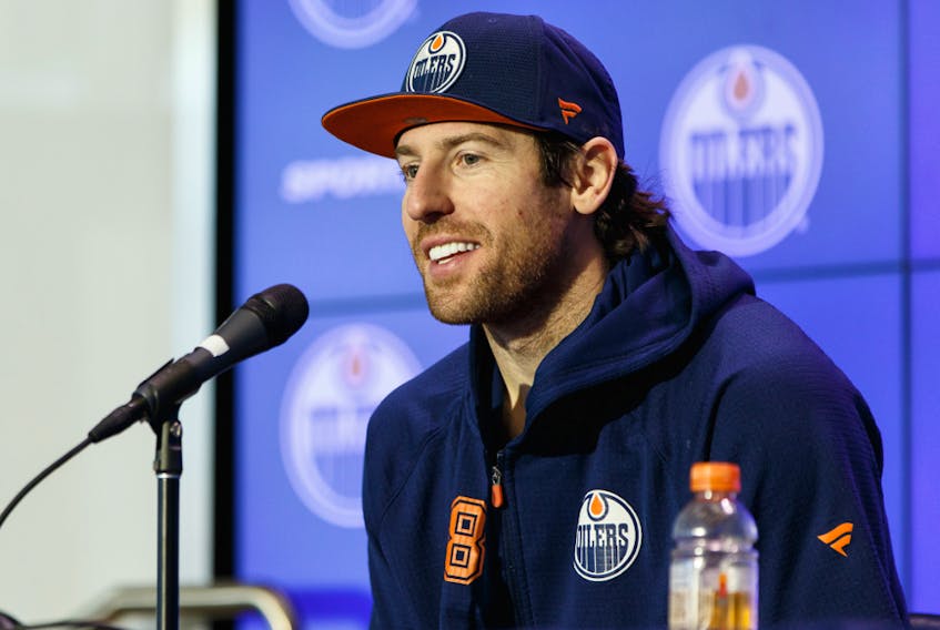Edmonton Oilers' James Neal (18) is interviewed by media at Rogers Place on March 10, 2020.