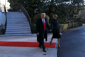 U.S. President Donald Trump and first lady Melania Trump leave the White House to board Marine One ahead of the inauguration of president-elect Joe Biden, in Washington on Jan. 20, 2021.
