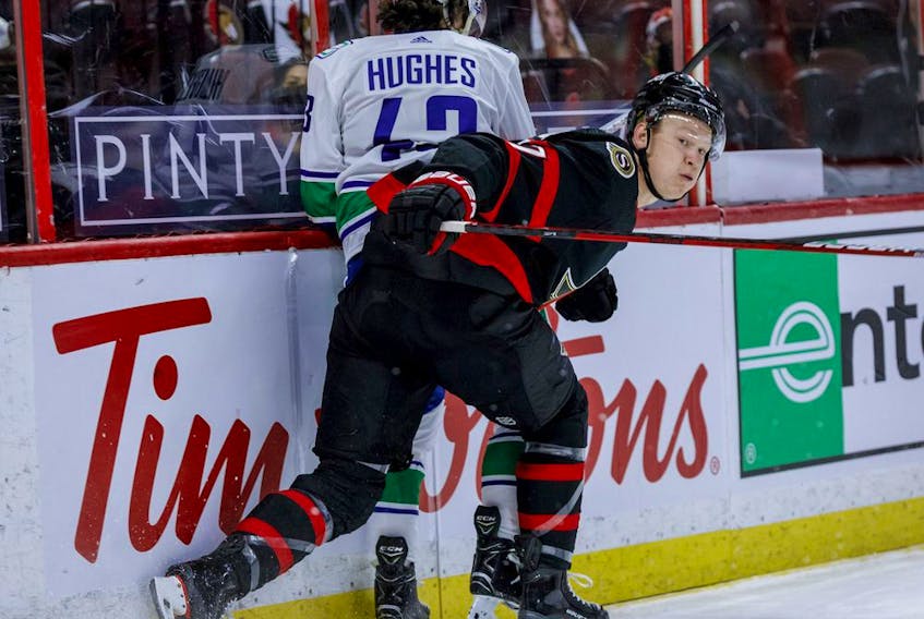 Senators free-agent winger Brady Tkachuk (7) has been skating with Canucks defenceman Quinn Hughes in MIchigan, but Hughes will be heading back to B.C. after agreeing to a new deal with Vancouver on Friday.