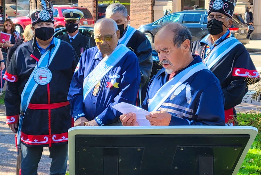 Keptin James Bernard speaks about the Peace and Friendship treaties between Mi'kmaq and the British Crown at a flag-raising ceremony for Treaty Day on Oct. 1 in Charlottetown. 